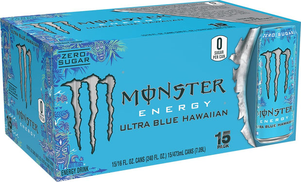 Monster Energy Ultra Blue Hawaiian, Sugar Free Energy Drink, 16 Ounce (Pack of 15)