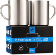 Stainless Steel Coffee Mugs – 15 oz Double Wall Stainless Steel Mugs with Handle, Metal Coffee Cups for Tea, Insulated Mug Set of 2 – BPA Free, Durable, Unbreakable Metal Coffee Mugs for Camping