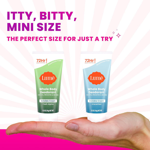 Lume Whole Body Deodorant - Mini Travel Size Invisible Cream Tube - Trial Size - 72 Hour Odor Control - Doctor Developed - Aluminum and Baking Soda Free - .5oz (Pack of 2) (Fresh Alpine & Unscented)