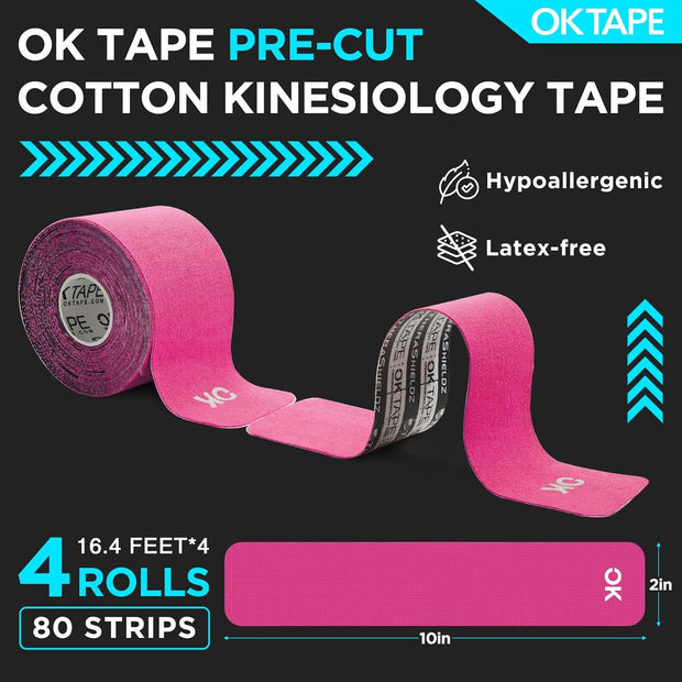 OK TAPE 4 Rolls Kinesiology Tape Precut, Cotton Elastic Athletic Tape Latex Free,20 Strips per Roll 2in x 16ft,Muscle Support,Mixcolor