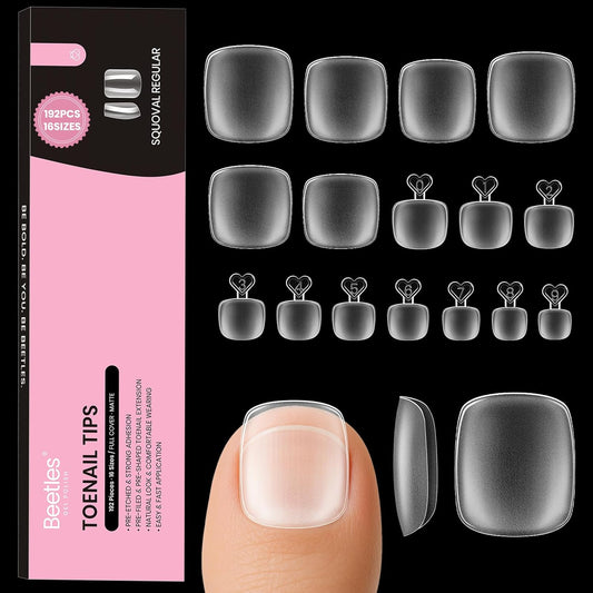 Beetles Toe Nail Tips Square - 16 Sizes 192 Pcs Full Cover Nail Tips Fake Acrylic Toe Nail Pre-etched Double Matte Press on Toenails, Soft Gel Toe Nail Extensions for Women
