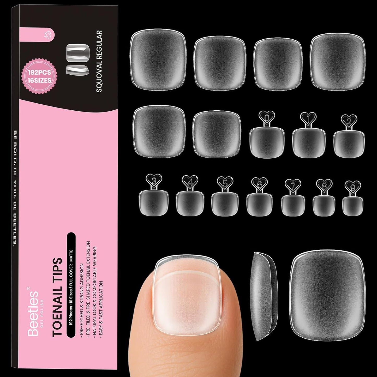 Beetles Toe Nail Tips Square - 16 Sizes 192 Pcs Full Cover Nail Tips Fake Acrylic Toe Nail Pre-etched Double Matte Press on Toenails, Soft Gel Toe Nail Extensions for Women