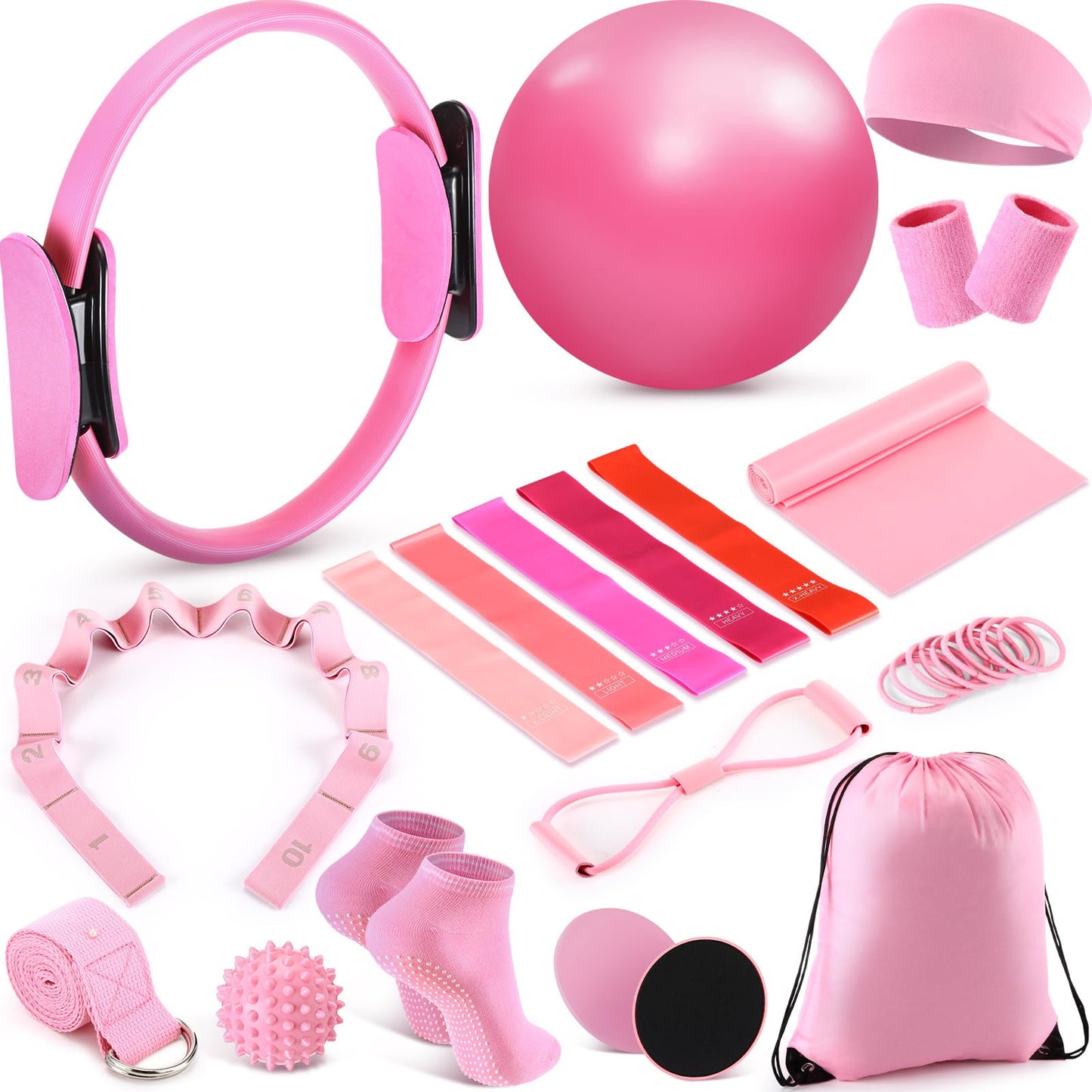Poen 18 Pcs Pilates Ring Kit Home Pilates Ring Circle and Ball Set for Women Yoga Fitness Set with 5 Resistance Band Stretching Strap Non Slip Sock Ball Core Slider Wristband Headband Gym Bag