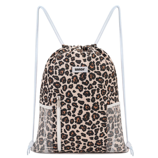 WANDF Drawstring Backpack Sports Gym Sackpack with Mesh Pockets Water Resistant String Bag for Women Men(Black)