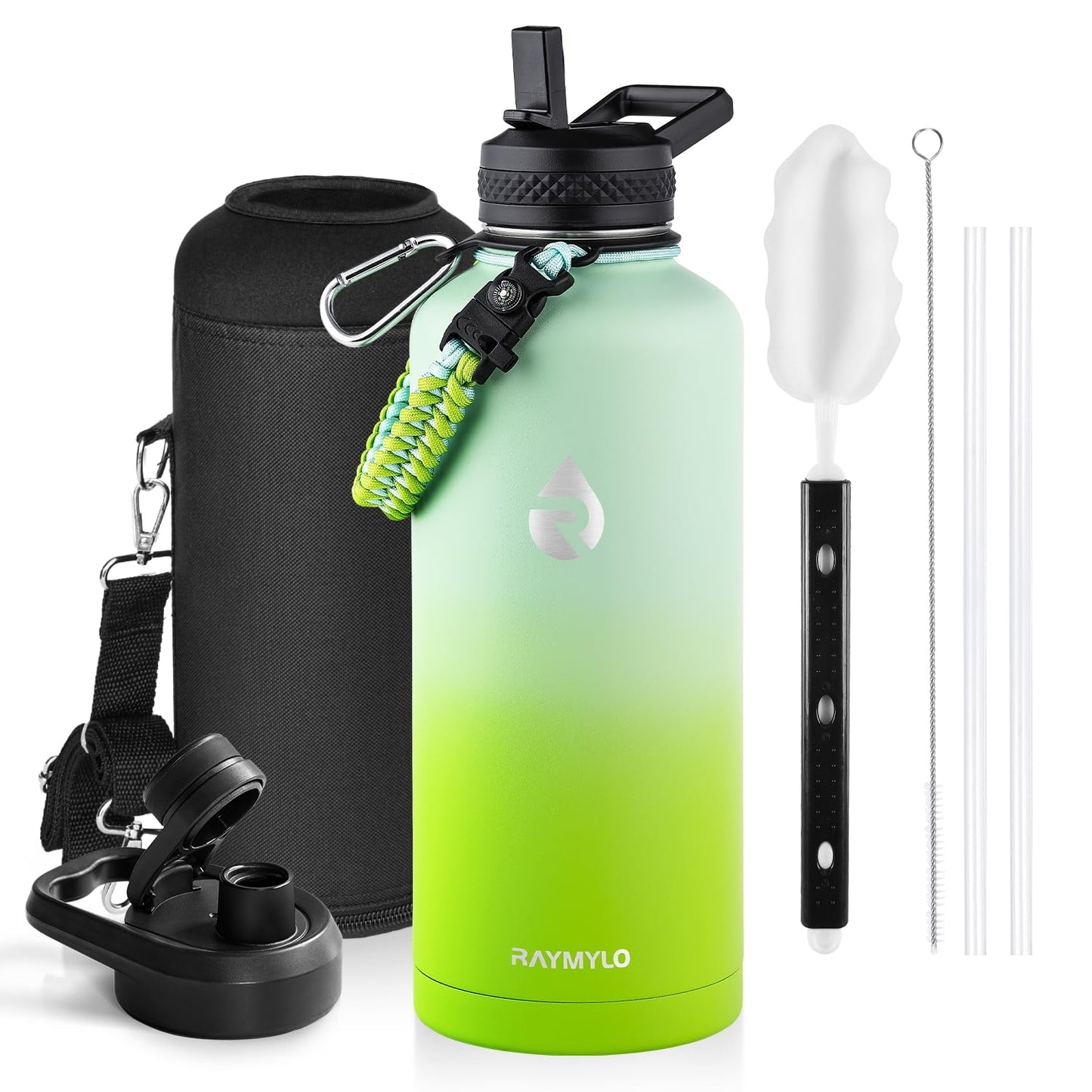 Insulated Water Bottle 64 oz, Triple Wall Vacuum Stainless Steel (Cold for 48 Hrs), Leak Proof & Non-BPA, Half Gallon Water Flask Jug with Paracord Handle & Straw Spout Lids, Magic Black