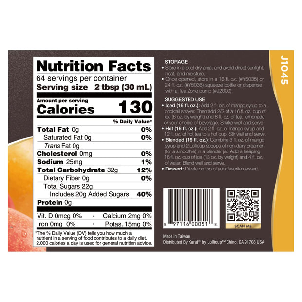 Tea Zone J1050 64 fl.oz Orange Syrup for Tea, Coffee, Sweets, Ice Cream, Cocktails Blending