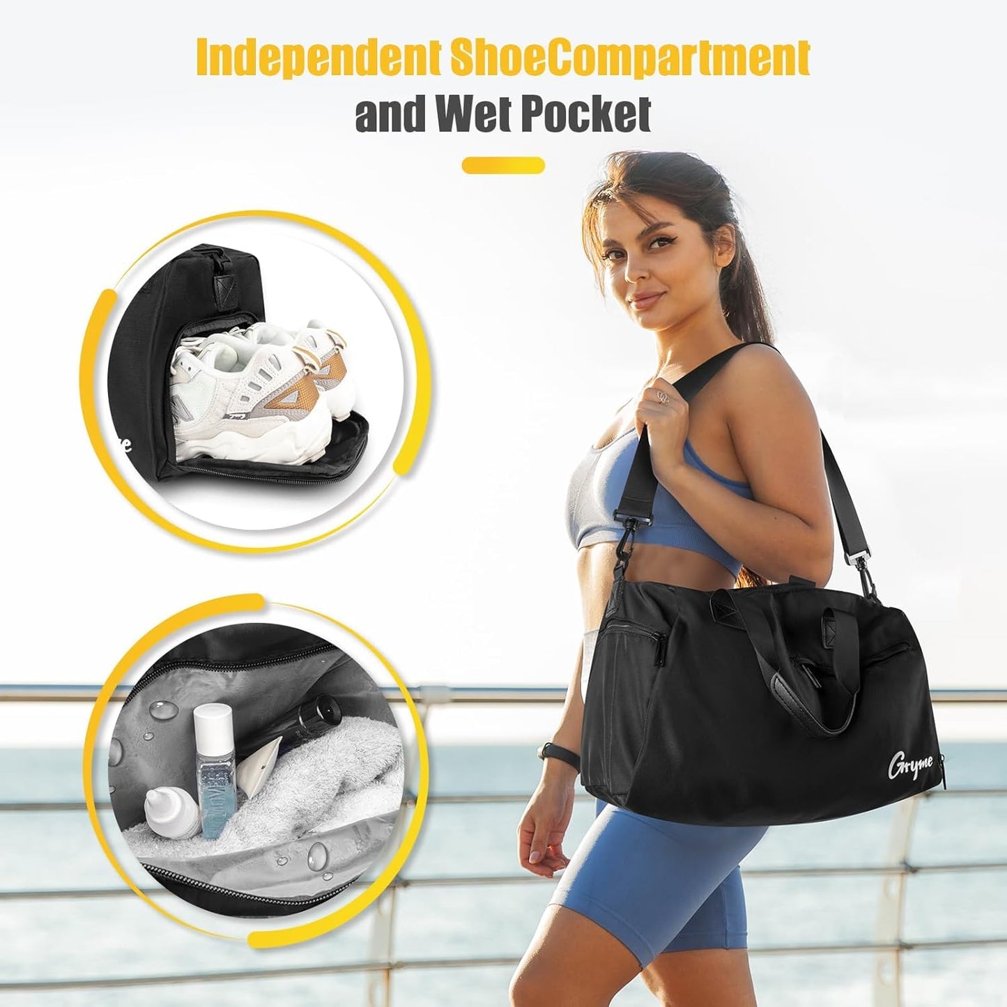 Gryme 15 Inch Small Gym Bag with Shoes Compartment and Wet Pocket, Mini Duffle Bag for Men & Women, Small Sports Bag for Travel Carry On, Swimming, Workout, Weekender Overnight