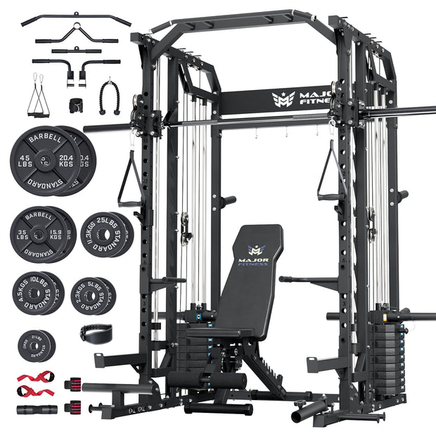 Major Fitness Drone2 Advanced Training Smith Machines– All-in-One Home Gym Squat Rack with Aluminum Pulley Set , Weight Bar, Dual LAT Pull-Down Systems & Cable Crossover Machine for Full-Body Workouts