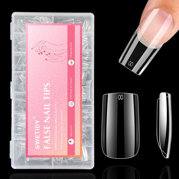 No C Curve 3XL Long Coffin Nail Tips, 420pcs Clear Acrylic Coffin Shape SWETIDY Flattened Half Cover False Nails for Salon&Home DIY French ABS Nail Art Tips,12 Sizes