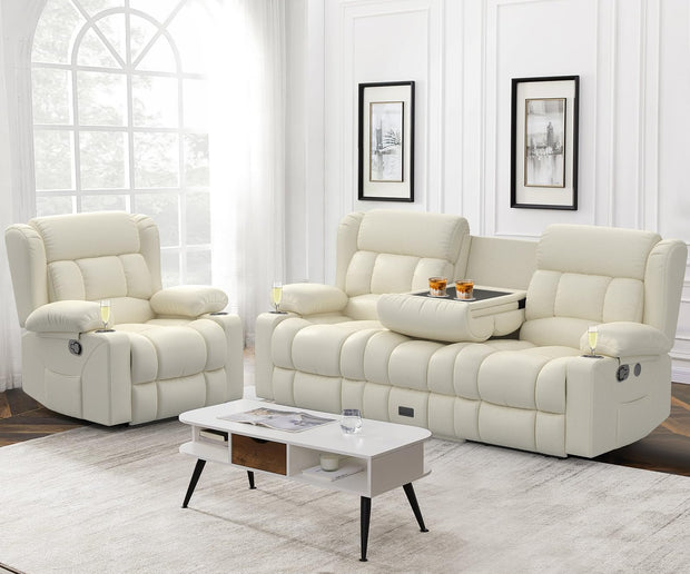 Loveseat Recliner Sofa, Flip Middle Backrest Design PU Leather 3 Seat Reclining Sofa with Storage Drawer, Manual Couch for Living Room (Ivory White, PU)