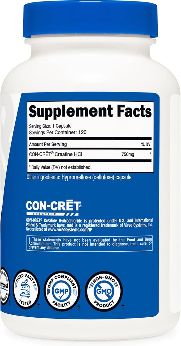 Nutricost Creatine HCl 120 Capsules - Made with CON-CRET Creatine, 750 MG Per Capsule