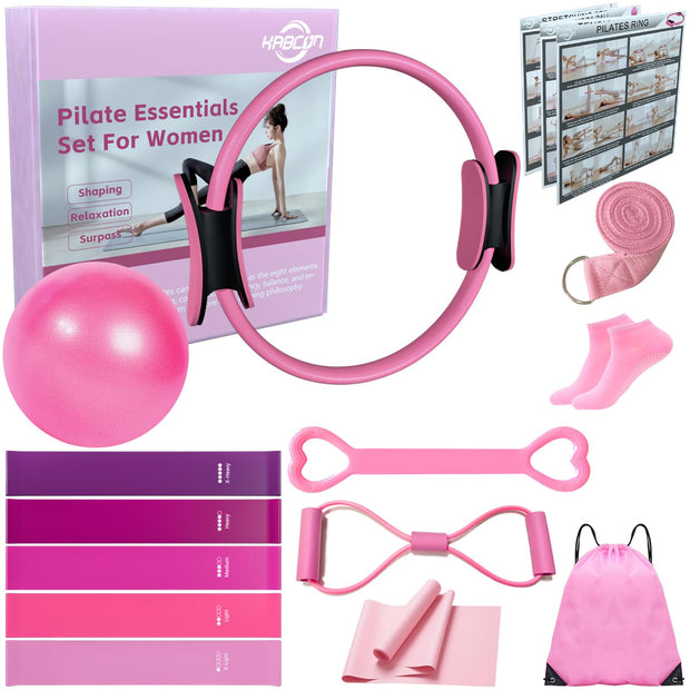 KABCON Pilates Equipment Essentials Set for Women at Home with Complete User Guide,13” Pilates Ring,9.8” Exercise Ball,Elastic Bands,Yoga Socks,Yoga Strap,13-Pcs Starter Workout Set