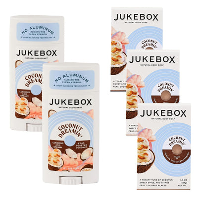 Jukebox Natural Deodorant and Soap Pack for Women–Coconut Dreamin'–Toasted Coconut, Sweet Spice, Citrus- 5 Pack