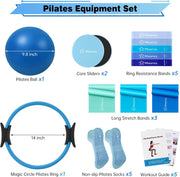 Pilates Ring Set, Pilates Essentials Kit for Home Workouts Women, Yoga Equipment Set with 14 Inch Magic Circle, 9.8” Ball, 5 Resistance Bands, 3 Long Stretch Bands, Core Sliders, Non-slip Socks