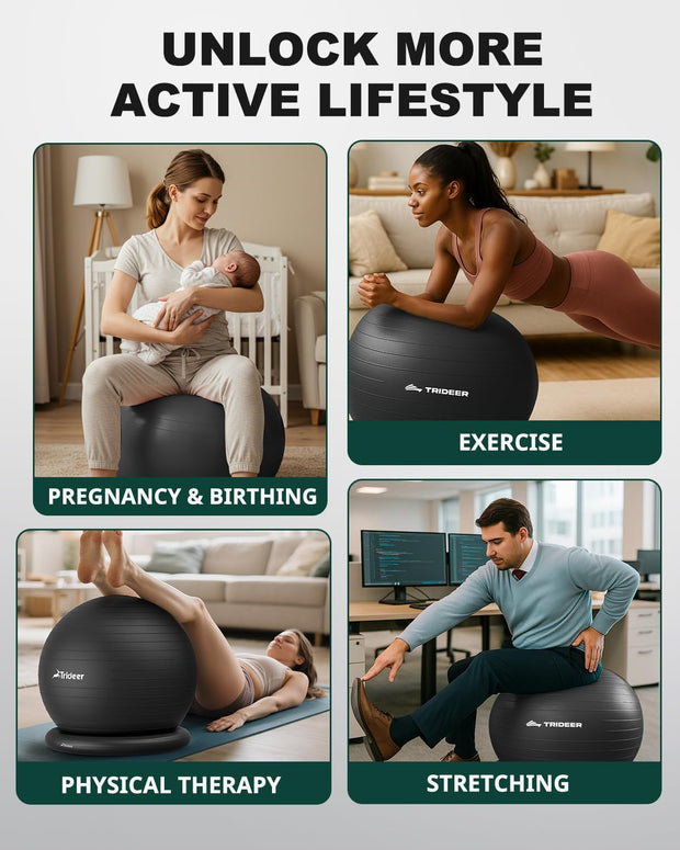 Trideer Exercise Yoga Ball Chair with Base for Home Office Desk, Stability & Fitness Ball Seat to Relieve Back Pain, Home Gym Workout for Abs, Pregnancy Ball with Pump