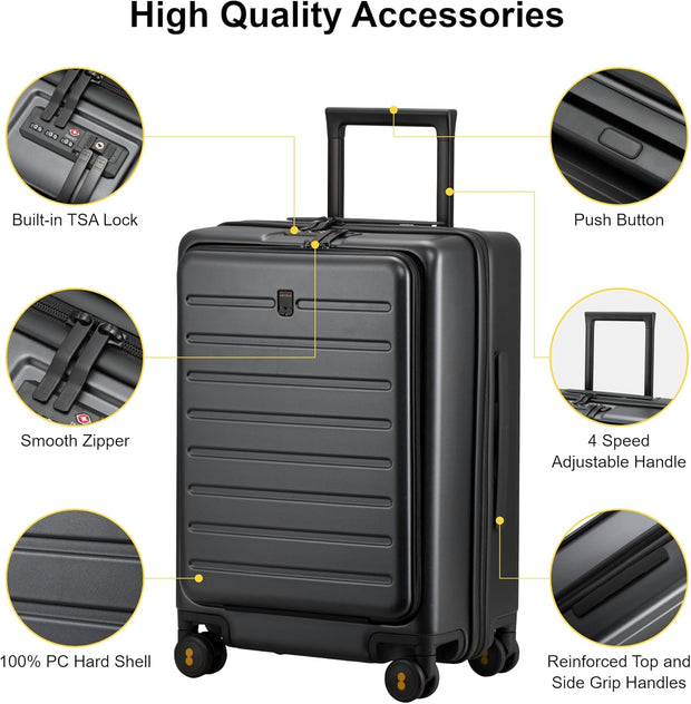LEVEL8 Carry On Luggage with Compartment, 20 Inch Lightweight Hard Shell Rolling Suitcase with Wheels Airline Approved with Front Pocket, Double Tsa Locks, Grey