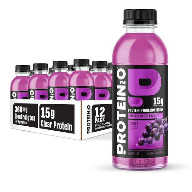 Protein2o Hydration Drink - 2-in-1 Liquid Clear Whey Protein Isolate and Electrolyte Drink - 15g Protein, Vitamins B5, B6 - Post-Workout Recovery - 16.9 Fl Oz - 12 Count Grape