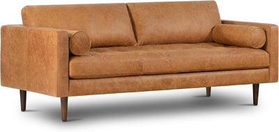 Poly & Bark Napa Leather Couch - 88.5-Inch Office Sofa with 2 Bolsters - Full-Grain Leather Sofa for Living Room with Feather-Down Topper - Living Room Couch - Vintage Italian Leather in Cognac Tan