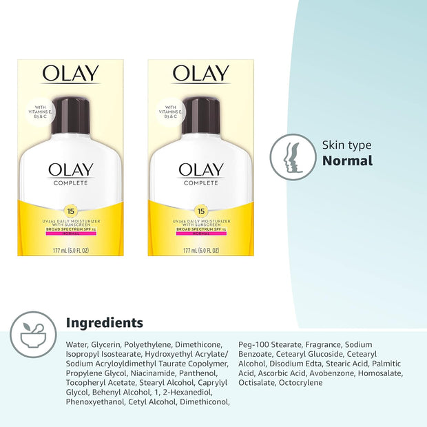 Olay Face Moisturizer, Complete with Sunscreen SPF 15, Daily Facial Lotion for Normal Skin, Lightweight Hydrating Broad Spectrum Sun Protection - Vitamin C, E, and Niacinamide - 6 Oz 2 Pack