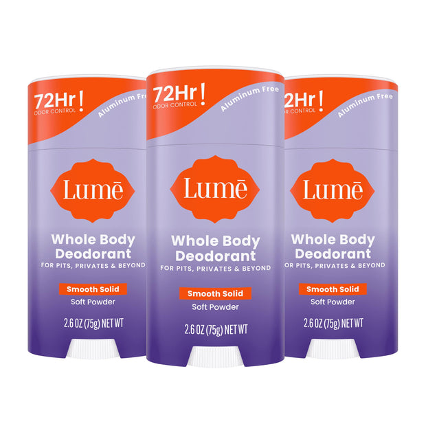 Lume Whole Body Deodorant - Smooth Solid Stick - 72 Hour Odor Control - Aluminum Free, Baking Soda Free and Skin Safe - 2.6 Ounce (Pack of 2) (Soft Powder)