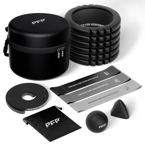 Mobility Pack, 6-Piece Workout Set - at Home & On-The-Go Exercise Recovery Tools - Foam Roller, Extended Performance & Mini Resistance Band, Massage Tool & Carry Case with Clip