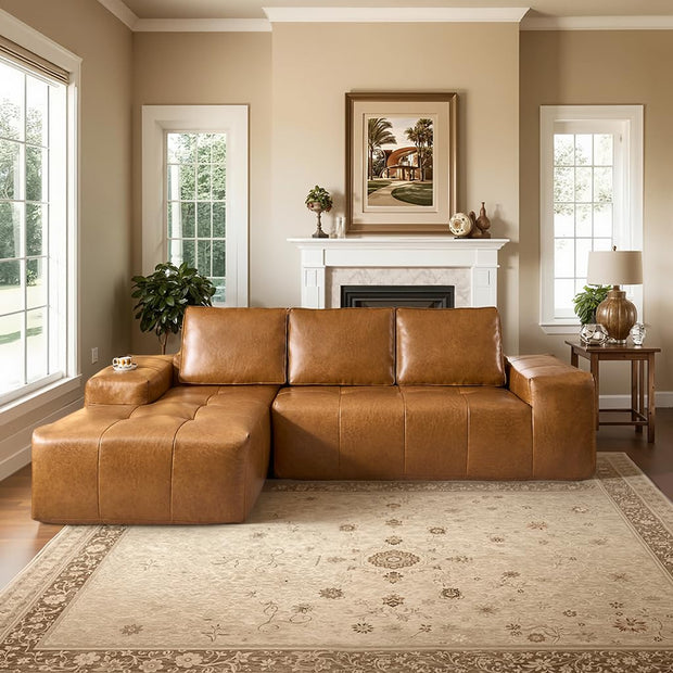 114" Boneless Couches for Living Room, Brown Faux Leather Cloud Sectional Couches with Chaise, Deep Seat L Shaped Modular Sofa, No Assembly Required Sofas in a Box (Right,Faux Leather,Brown)