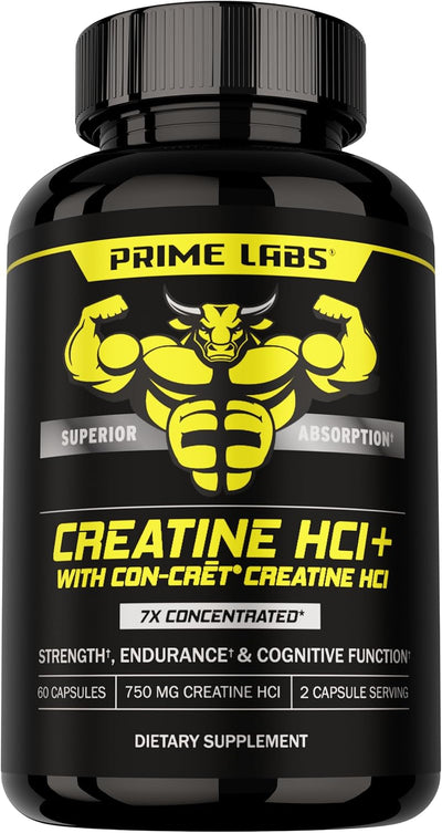 Prime Labs Creatine HCl Capsules - with CON-CRĒT®, Rhodiola Root Extract, & L-Theanine - Muscle Support, Endurance, Cognitive Function - for Men & Women - 60 Pills