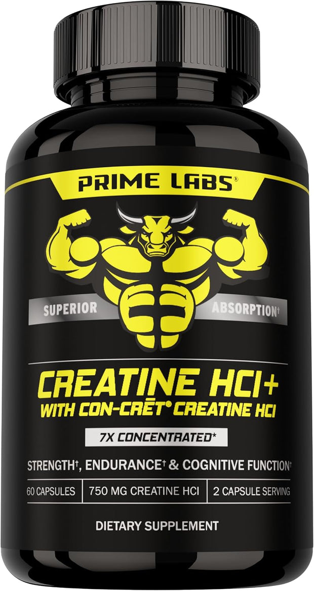 Prime Labs Creatine HCl Capsules - with CON-CRĒT®, Rhodiola Root Extract, & L-Theanine - Muscle Support, Endurance, Cognitive Function - for Men & Women - 60 Pills