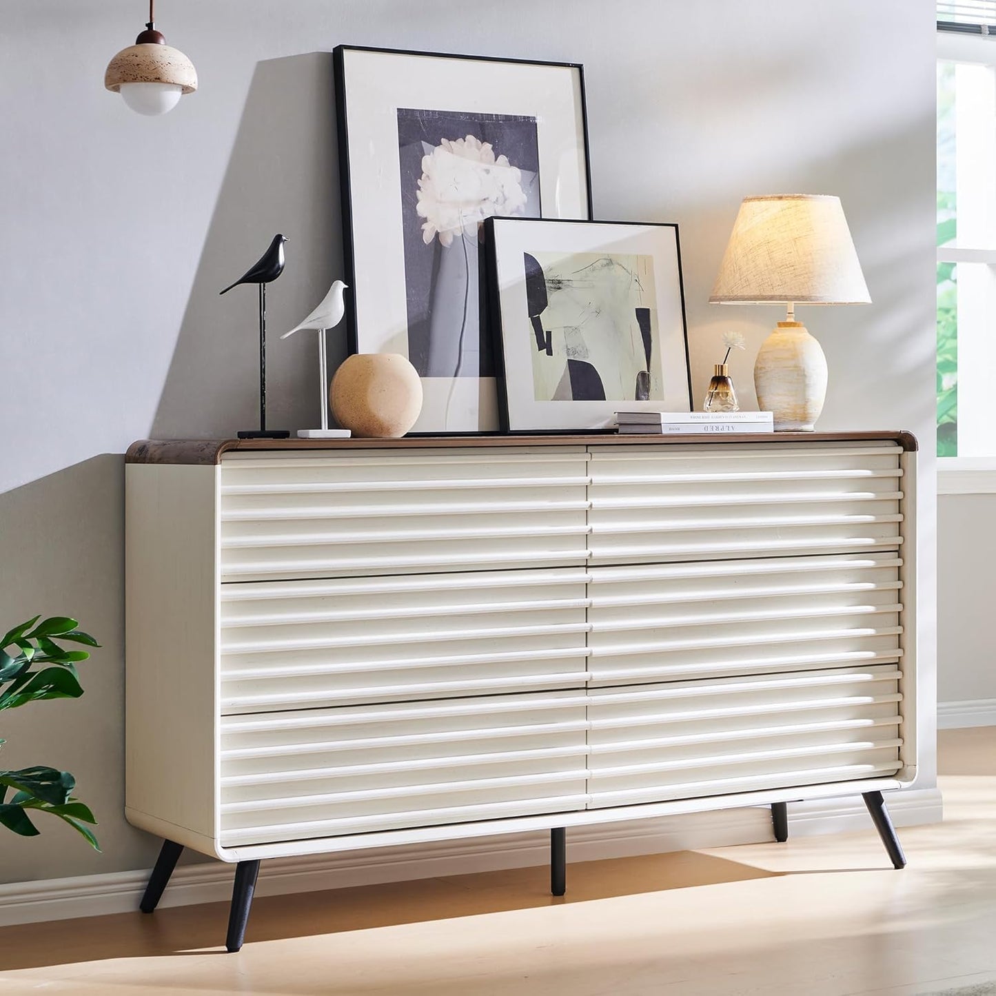 RedLemon 6 Drawers Dresser for Bedroom, 54'' Wide Mid Century Modern Wood Fluted Double Dresser, Chest of Drawers with Tapered Leg for Bedroom, Living Room, Hallway, Closet, Dark Walnut