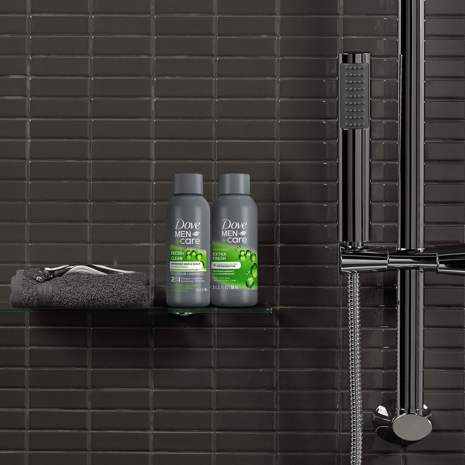 Dove Men+Care Travel Essentials Bundle – Extra Fresh Body & Face Wash & Fresh + Clean 2-in-1 Shampoo, 3 Oz Ea