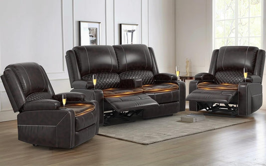 Loveseat Recliner Sofa Set with 2-Tier Cushion, 2+1+1 Pieces in Living Room, 2 Seater Reclining Loveseat Leather with Removable Console, 2 Oversize Recliner Chair Sofa Seat - Grey