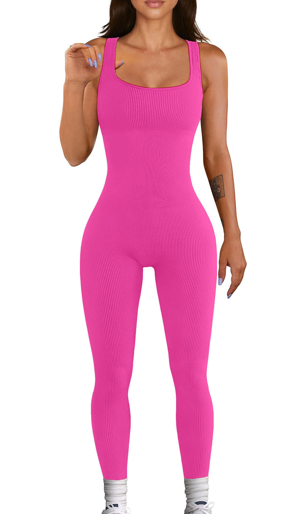 Women Workout Seamless Jumpsuit Yoga Ribbed Bodycon One Piece Tank Top Leggings Romper