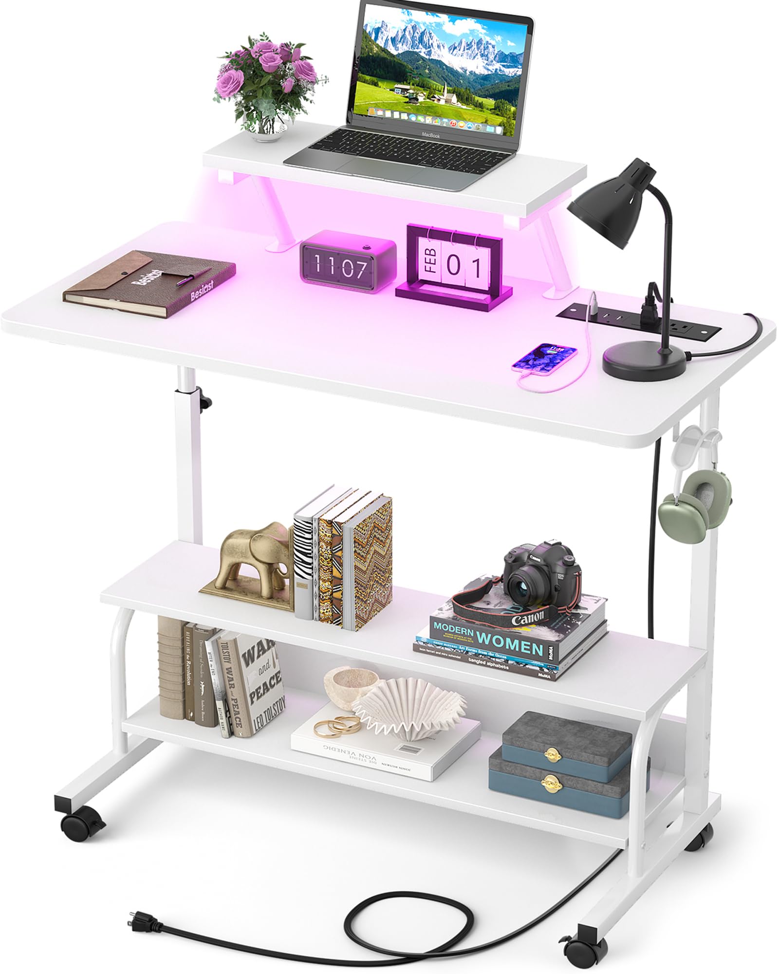 Height Adjustable Standing Desk with Power Outlets and LED Lights - 39" Manual Stand Up Desk with Monitor Stand and Storage Shelves Small Mobile Rolling Computer Desk Portable Laptop Table, Rustic