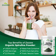 Zazzee Organic Spirulina Powder, 2.2 Pounds (1 KG), USDA Certified, 303 Servings, Kosher, 100% Pure, Non-Irradiated, Mess-Free Wide Mouth Container, Fresh Smell and Neutral Taste, Non-GMO, Gluten-Free