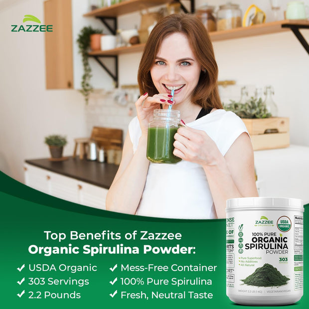 Zazzee Organic Spirulina Powder, 2.2 Pounds (1 KG), USDA Certified, 303 Servings, Kosher, 100% Pure, Non-Irradiated, Mess-Free Wide Mouth Container, Fresh Smell and Neutral Taste, Non-GMO, Gluten-Free