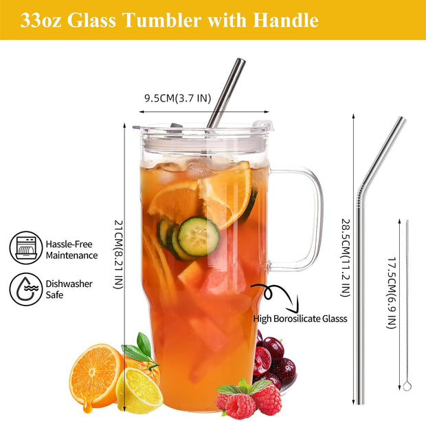 Large Glass Tumbler with Lid and Straw, 4 Pack Glass Cup with Handle, 33oz Iced Coffee Cups, Thick Drinking Glasses Set, Clear Travel Mug for Hot and Cold Beverage, Drinks, Tea, Smoothie
