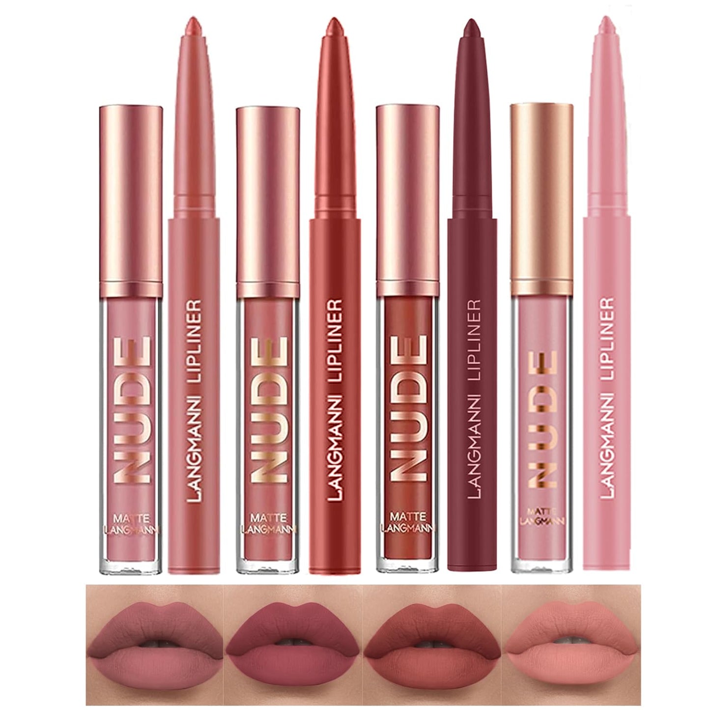 LANGMANNI 6 Matte Lipstick with 6 Lipliners Durable Makeup Set,Long-Lasting Non-Stick Cup Not Fade Waterproof Pigmented Velvet Lipgloss Kit Beauty Cosmetics Makeup Gift for Girls (#A)