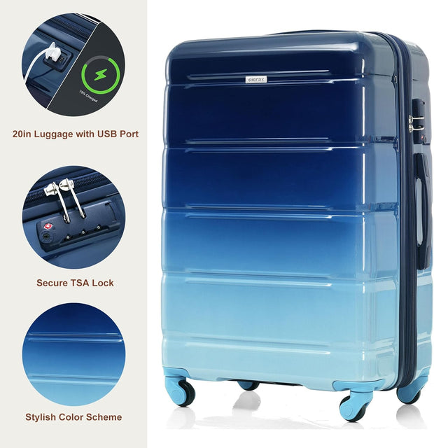 Merax 3 Luggage Sets, ABS Hardshell Suitcase Spinner Wheels with USB Port TSA Lock, Blue and Navy, 20/24/28 Inch