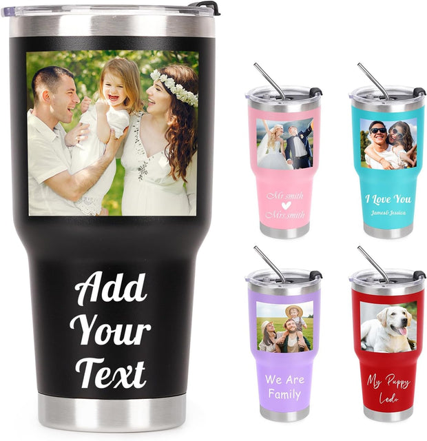 Personalized Tumbler with Picture Text, Custom Photo Coffee Tumbler 30oz Insulated Stainless Steel Custom Mug Cup Gift for Dad Mom Women Men Mothers Day Birthday Anniversary Christmas