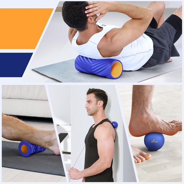 Sportneer 4 in 1 Foam Roller Set: Dual Textures Foam Roller, Foot Roller, Lacrosse Ball, Traction Massage Ball with String, Deep Massage Roller for Whole Body Release, Physical Therapy