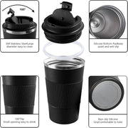 YINBAOGE Insulated Travel Coffee Mug Spill Proof Leak Proof Pobtable To Go Camping Stainless Steel Coffee Tumbler Reusable Coffee Cups with Lids Thermos for Hot and Cold Drink (Black, 12 OZ)