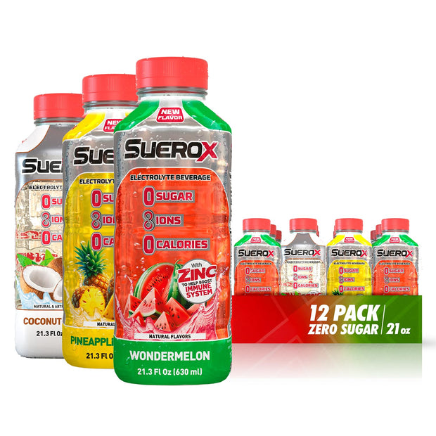 SueroX Zero Sugar Electrolyte Drink for Hydration and Recovery, Unique Blend of Electrolytes & 8 Ions, Zero Calorie Sports Drink, 21.3 Fl Oz, Variety Pack, 12 Count