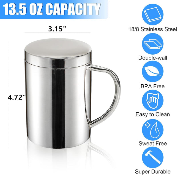 Yesland 2 Pack 13.5 oz Stainless Steel Double-Walled Metal Mugs, Insulated Coffee Cup with Lid and Handle, Thermal Camping Mugs for Coffee, Milk, Juice, Tea and Cold or Hot Drinks