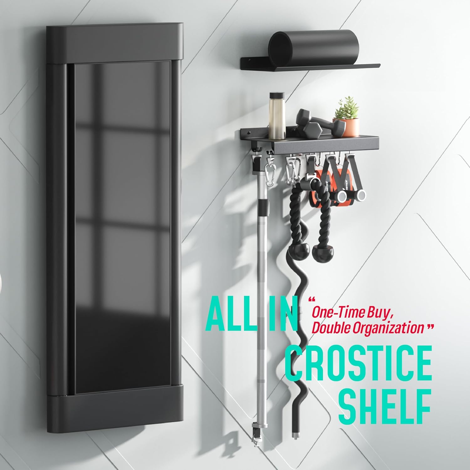2-Tier Metal Shelf Compatible with Tonal Accessories, Floating Shelf Organizer for Home Gym Storage, T-Locks Adapter Bracket Hanger, Gym Rack Wall Mounted with Hooks, Workout Storage Holder