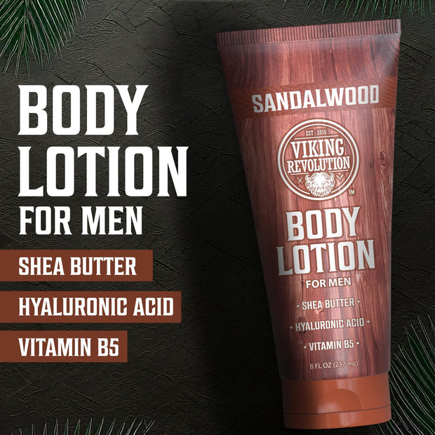 Viking Revolution Sandalwood Body Lotion for Men – Mens Lotion for Dry Skin with Shea Butter, Hyaluronic Acid and Vitamin B5 – Nourishing Mens Body Lotion for Hydrated and Smooth Skin (8oz, 1 Pack)