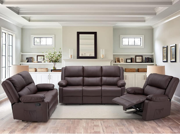 YODOLLA 3 PCS Recliner Sofa Set for Living Room Furniture Set，Overstuffed Leather Reclining Sofa with Massage&Heat Function, Manual Control Couch Set，Theater Lounge Seat with Side Pockets, Brown
