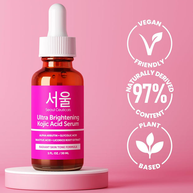 SeoulCeuticals Korean Skin Care Kojic Acid Serum Alpha Arbutin – Dark Spot Remover Corrector Glycolic Acid + Salicylic Acid K Beauty 1oz
