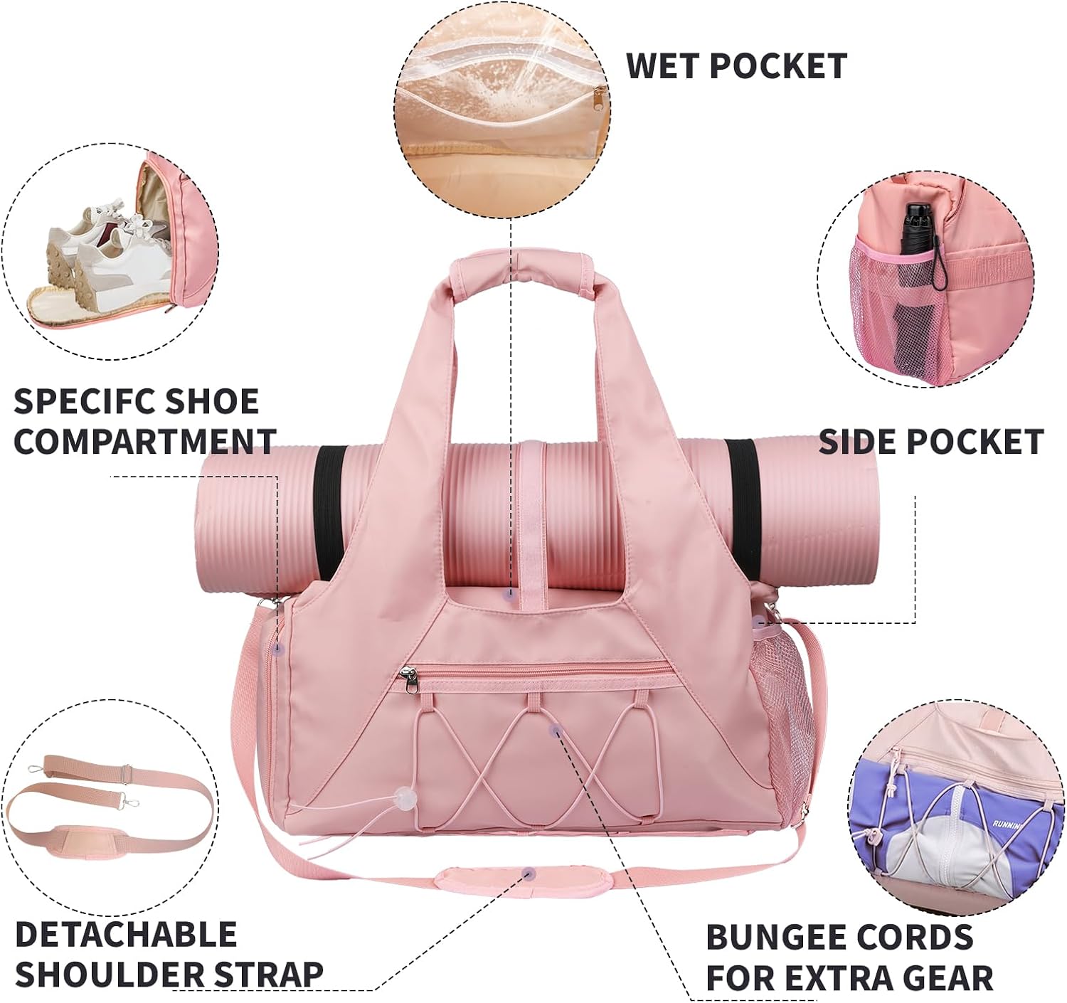 Gym Bag for Womens,Yoga Mat Bag with Shoes Compartment Water Bottle Carrier Multi-Functional Bags Ideal for Travel, Gym, Sports, Weekender