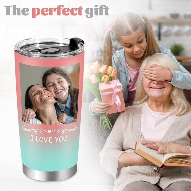 Personalized Coffee Tumbler with Picture Text Logo, Custom 20oz Insulated Stainless Steel Travel Mug with Lids, Personalized Birthday Gifts for Women Men, Custom Coffee Tumbler Cup