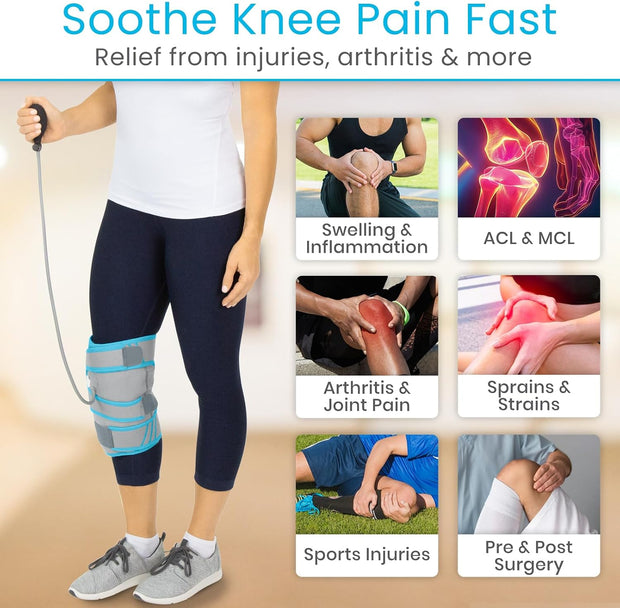 Vive Compression Knee Ice Wrap - Reusable Brace with Air Pump - Hot/Cold Therapy for Men, Women, Pain Relief, Swelling and Recovery Support - Adjustable and Inflatable Pack for Sports Injury Sprains
